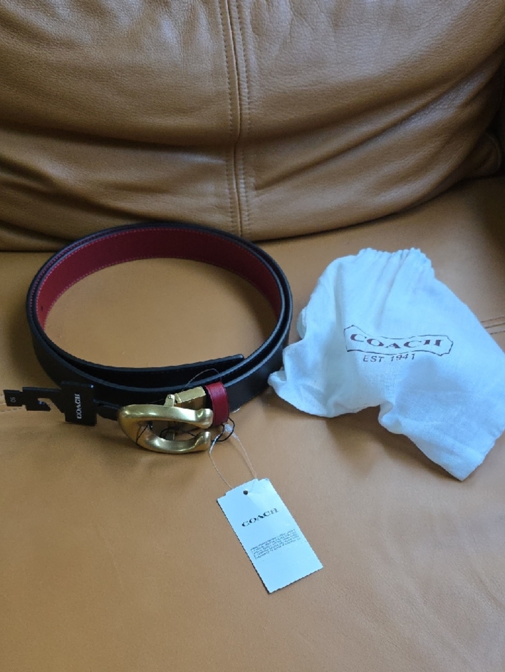 Coach Black and Red Leather Belt with Gold 'C' Buckle - Picture 13 of 16